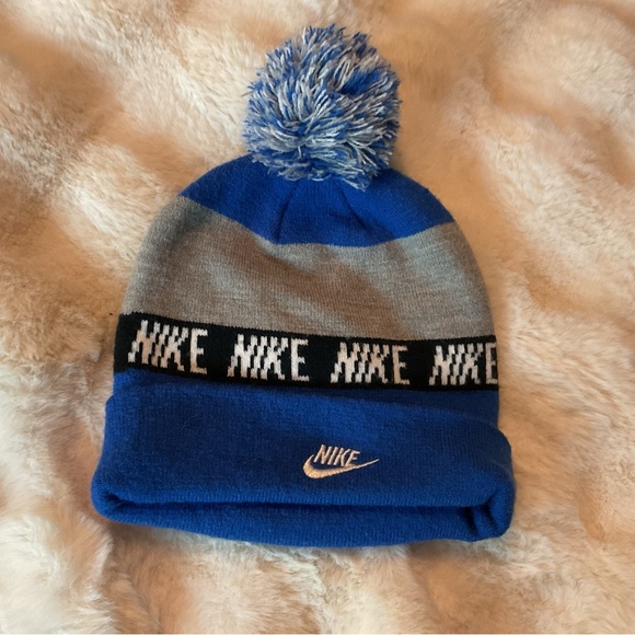 Nike Kids Blue and Gray Beanie with Pom-Pom - Picture 4 of 5